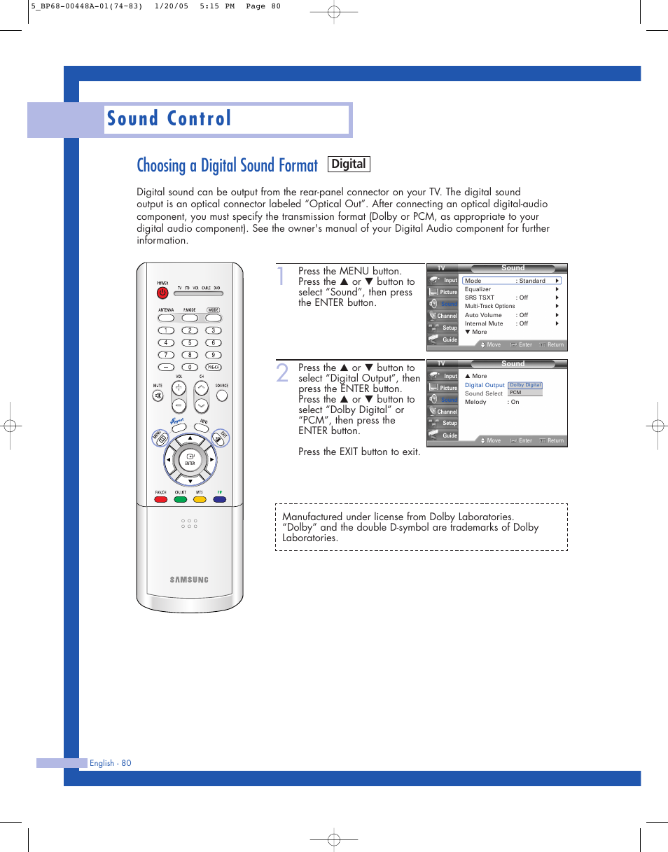 Choosing a digital sound format, Sound control, Digital | Samsung HLR5087WX-XAA User Manual | Page 80 / 104