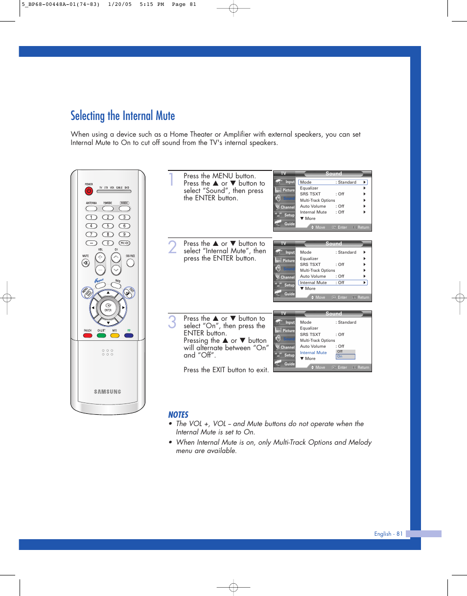 Selecting the internal mute | Samsung HLR5087WX-XAA User Manual | Page 81 / 104