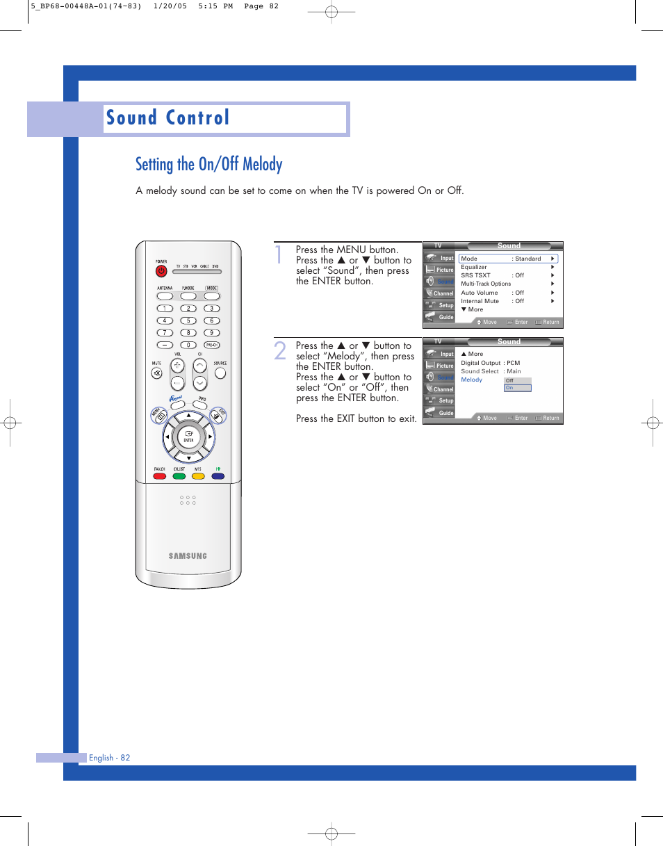 Setting the on/off melody, Sound control | Samsung HLR5087WX-XAA User Manual | Page 82 / 104
