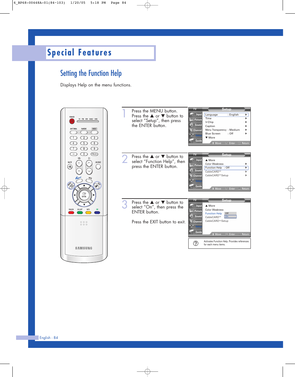 Setting the function help, Special features, Displays help on the menu functions | Samsung HLR5087WX-XAA User Manual | Page 84 / 104
