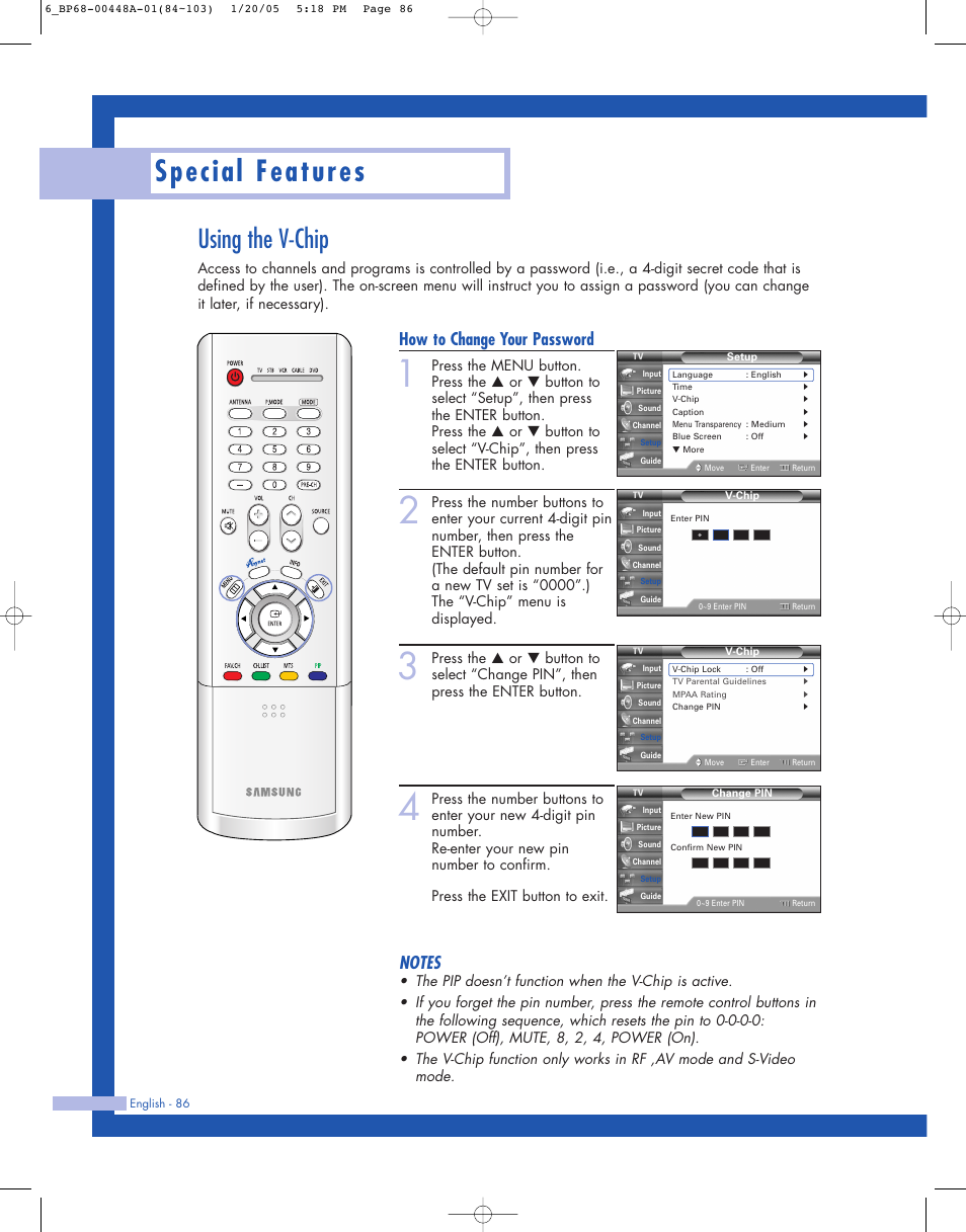 Using the v-chip, Special features, How to change your password | Samsung HLR5087WX-XAA User Manual | Page 86 / 104
