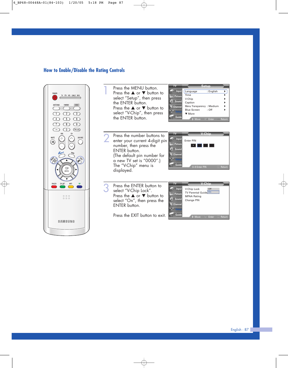 How to enable/disable the rating controls | Samsung HLR5087WX-XAA User Manual | Page 87 / 104