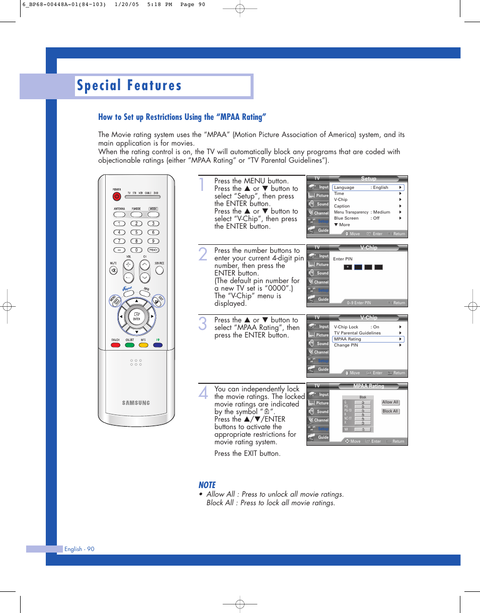 Special features, How to set up restrictions using the “mpaa rating | Samsung HLR5087WX-XAA User Manual | Page 90 / 104