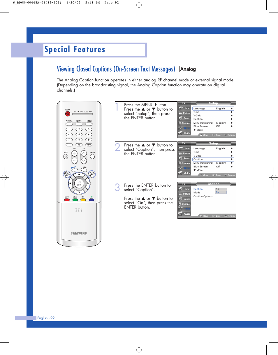 Viewing closed captions (on-screen text messages), Special features, Analog | Samsung HLR5087WX-XAA User Manual | Page 92 / 104