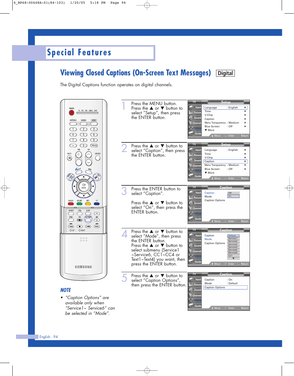 Viewing closed captions (on-screen text messages), Special features, Digital | Samsung HLR5087WX-XAA User Manual | Page 94 / 104