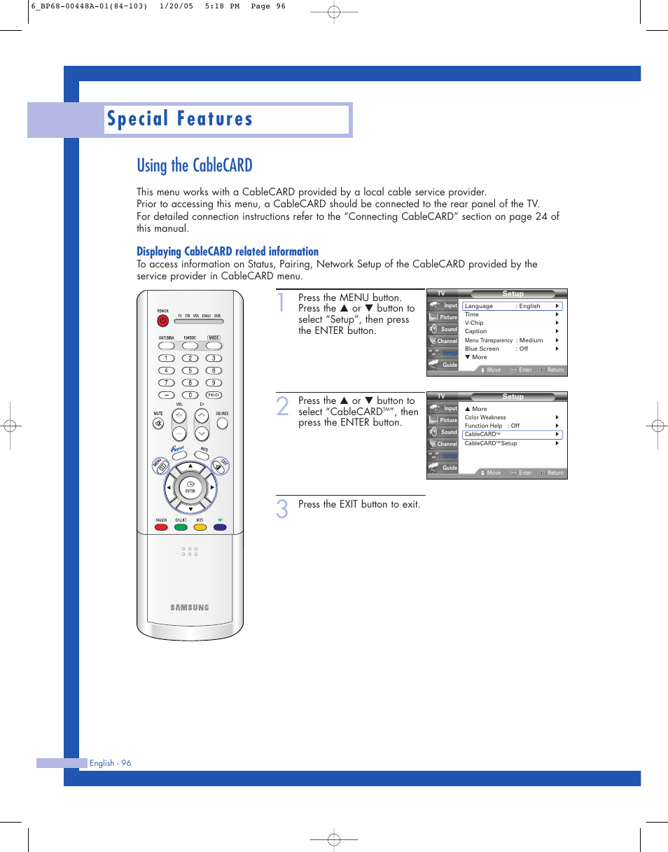 Using the cablecard, Special features, Displaying cablecard related information | Samsung HLR5087WX-XAA User Manual | Page 96 / 104