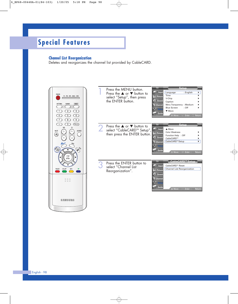 Special features, Channel list reorganization, Press the … or † button to select “cablecard | Setup”, then press the enter button | Samsung HLR5087WX-XAA User Manual | Page 98 / 104