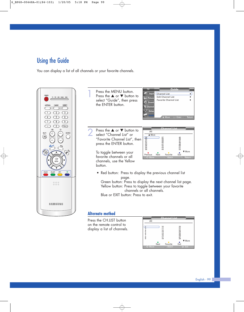 Using the guide, Alternate method | Samsung HLR5087WX-XAA User Manual | Page 99 / 104