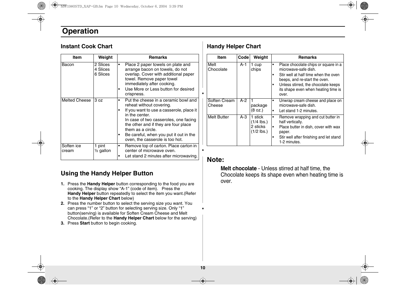 Using the handy helper button, Operation | Samsung MW1980STD-XAP User Manual | Page 10 / 28