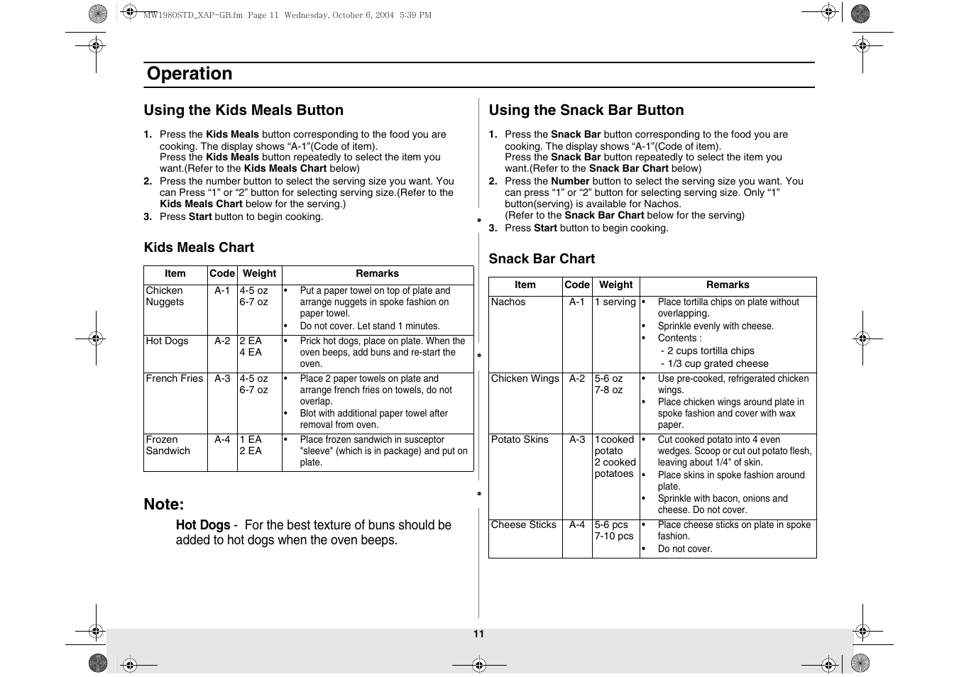 Using the kids meals button, Using the snack bar button, Operation | Samsung MW1980STD-XAP User Manual | Page 11 / 28