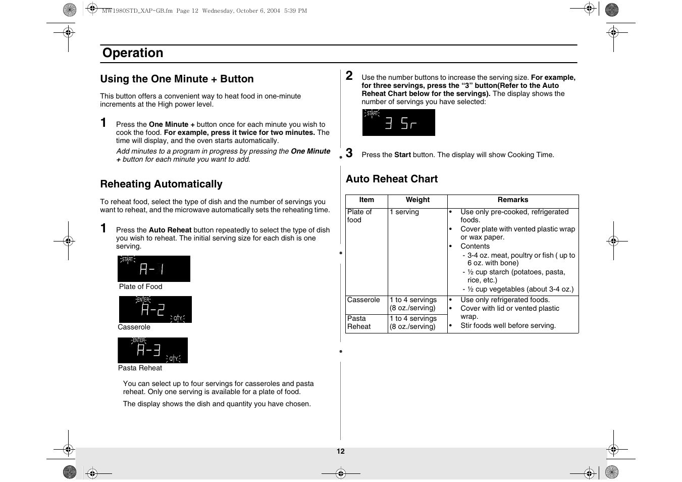 Using the one minute + button, Operation, Reheating automatically | Auto reheat chart | Samsung MW1980STD-XAP User Manual | Page 12 / 28