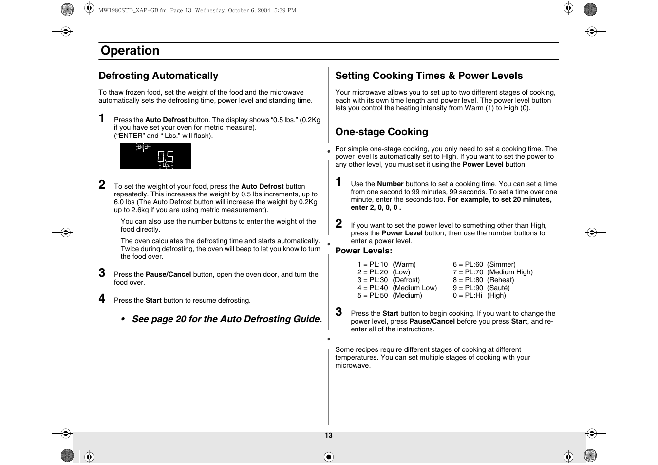 Defrosting automatically, Setting cooking times & power levels, Operation | Samsung MW1980STD-XAP User Manual | Page 13 / 28