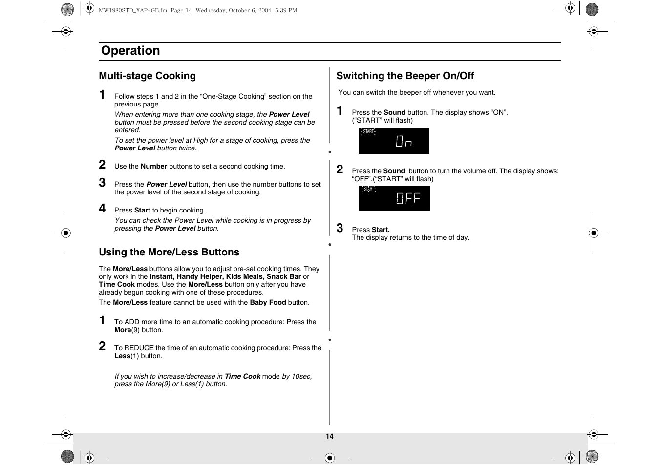 Using the more/less buttons, Switching the beeper on/off, Operation | Samsung MW1980STD-XAP User Manual | Page 14 / 28
