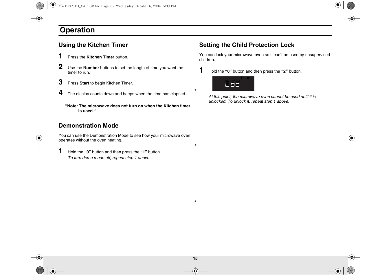 Using the kitchen timer, Demonstration mode, Setting the child protection lock | Operation | Samsung MW1980STD-XAP User Manual | Page 15 / 28