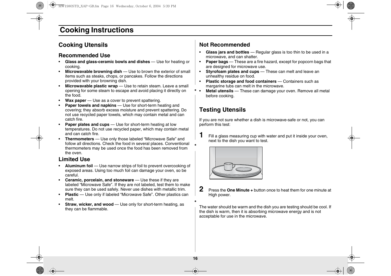 Cooking instructions, Cooking utensils, Testing utensils | Samsung MW1980STD-XAP User Manual | Page 16 / 28