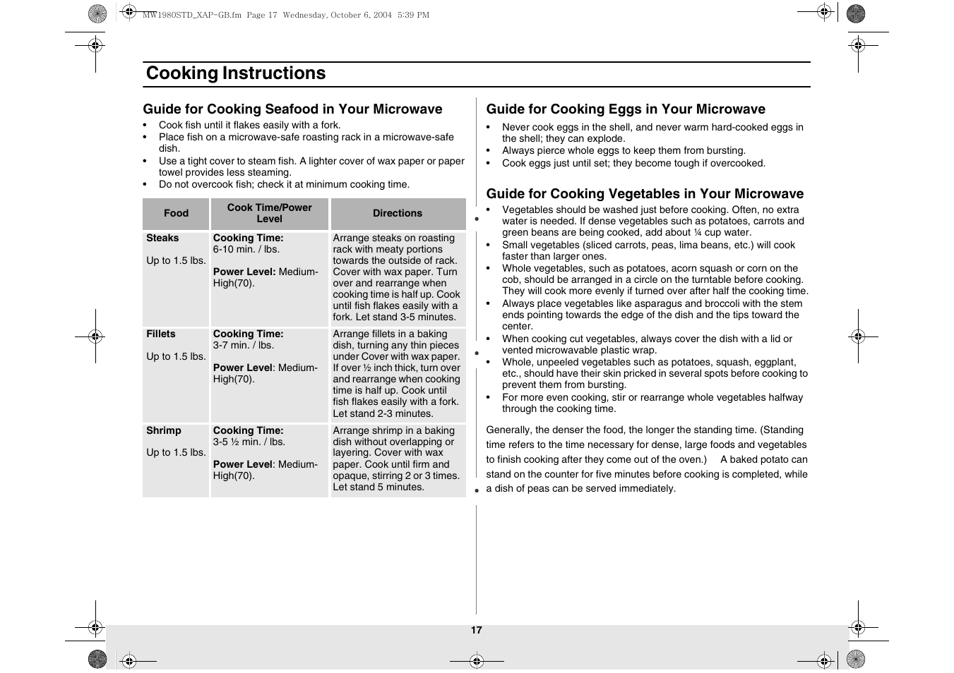 Guide for cooking seafood in your microwave, Guide for cooking eggs in your microwave, Guide for cooking vegetables in your microwave | Cooking instructions | Samsung MW1980STD-XAP User Manual | Page 17 / 28