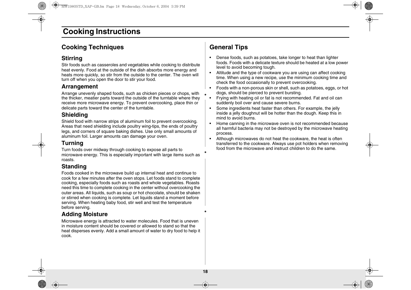 Cooking techniques, Cooking instructions | Samsung MW1980STD-XAP User Manual | Page 18 / 28