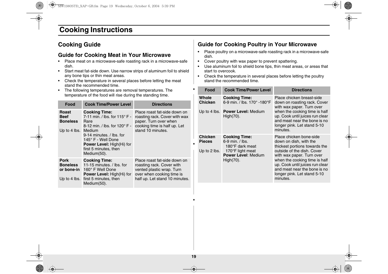 Cooking guide, Cooking instructions | Samsung MW1980STD-XAP User Manual | Page 19 / 28