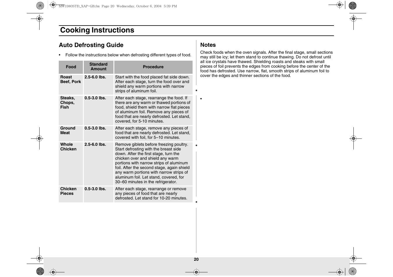 Auto defrosting guide, Cooking instructions | Samsung MW1980STD-XAP User Manual | Page 20 / 28