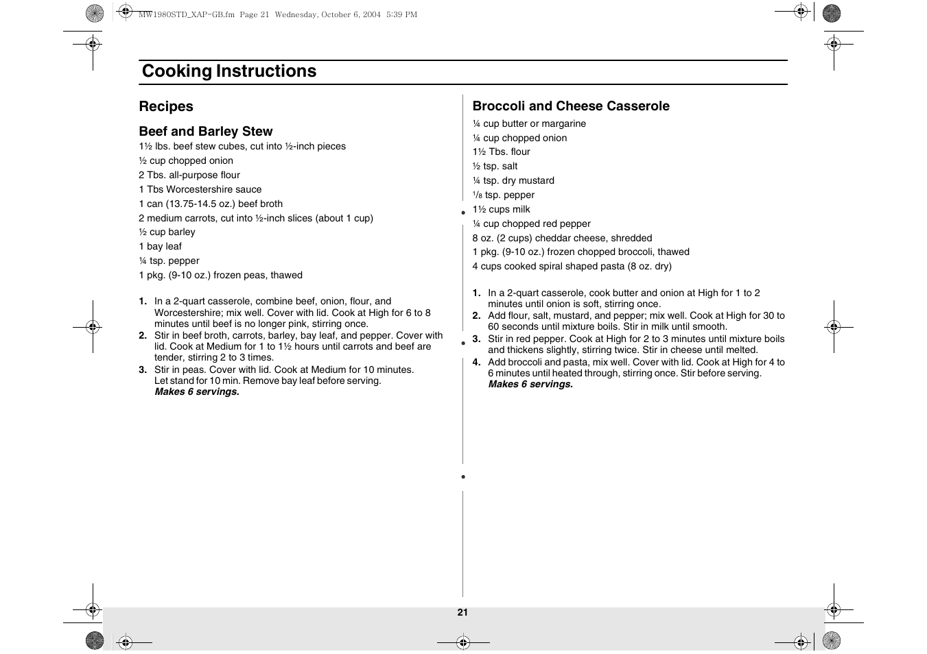 Recipes, Cooking instructions | Samsung MW1980STD-XAP User Manual | Page 21 / 28