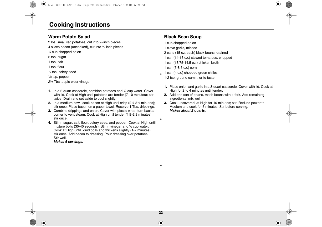 Cooking instructions | Samsung MW1980STD-XAP User Manual | Page 22 / 28