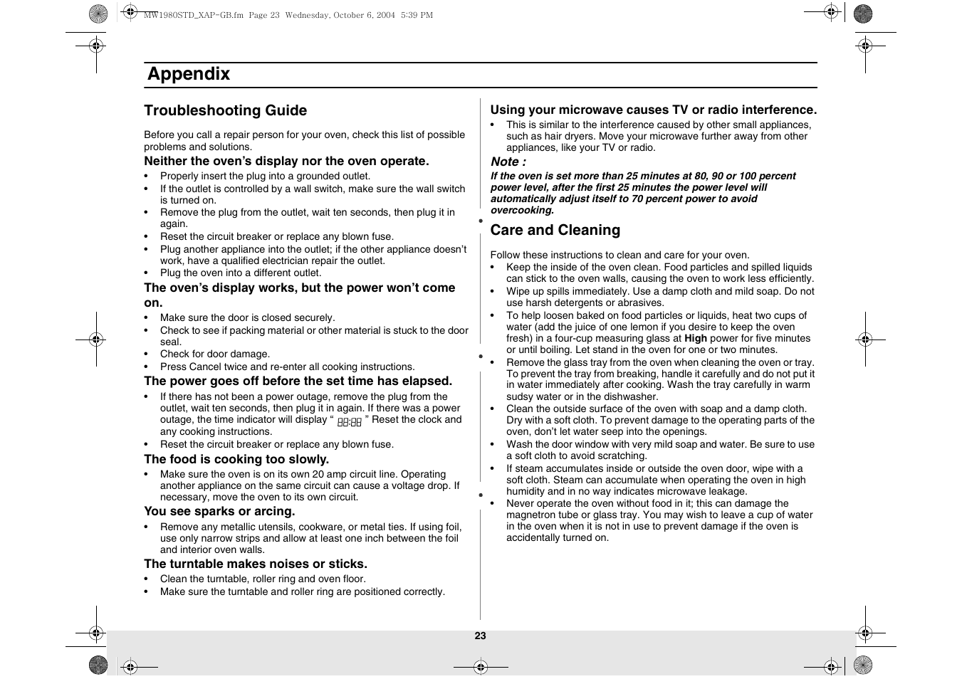 Appendix, Troubleshooting guide, Care and cleaning | Samsung MW1980STD-XAP User Manual | Page 23 / 28