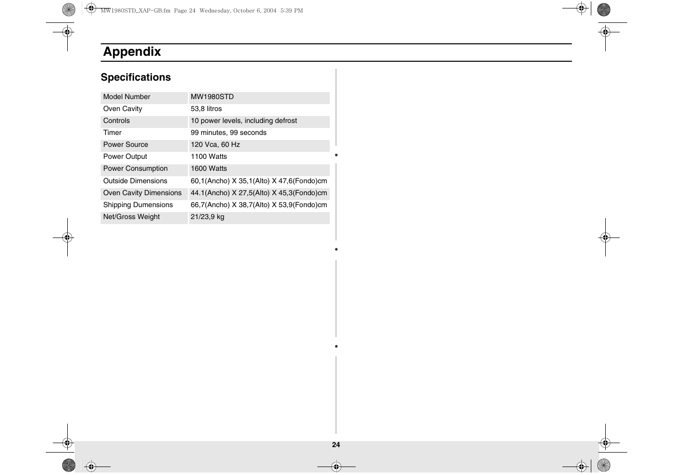 Specifications, Appendix | Samsung MW1980STD-XAP User Manual | Page 24 / 28