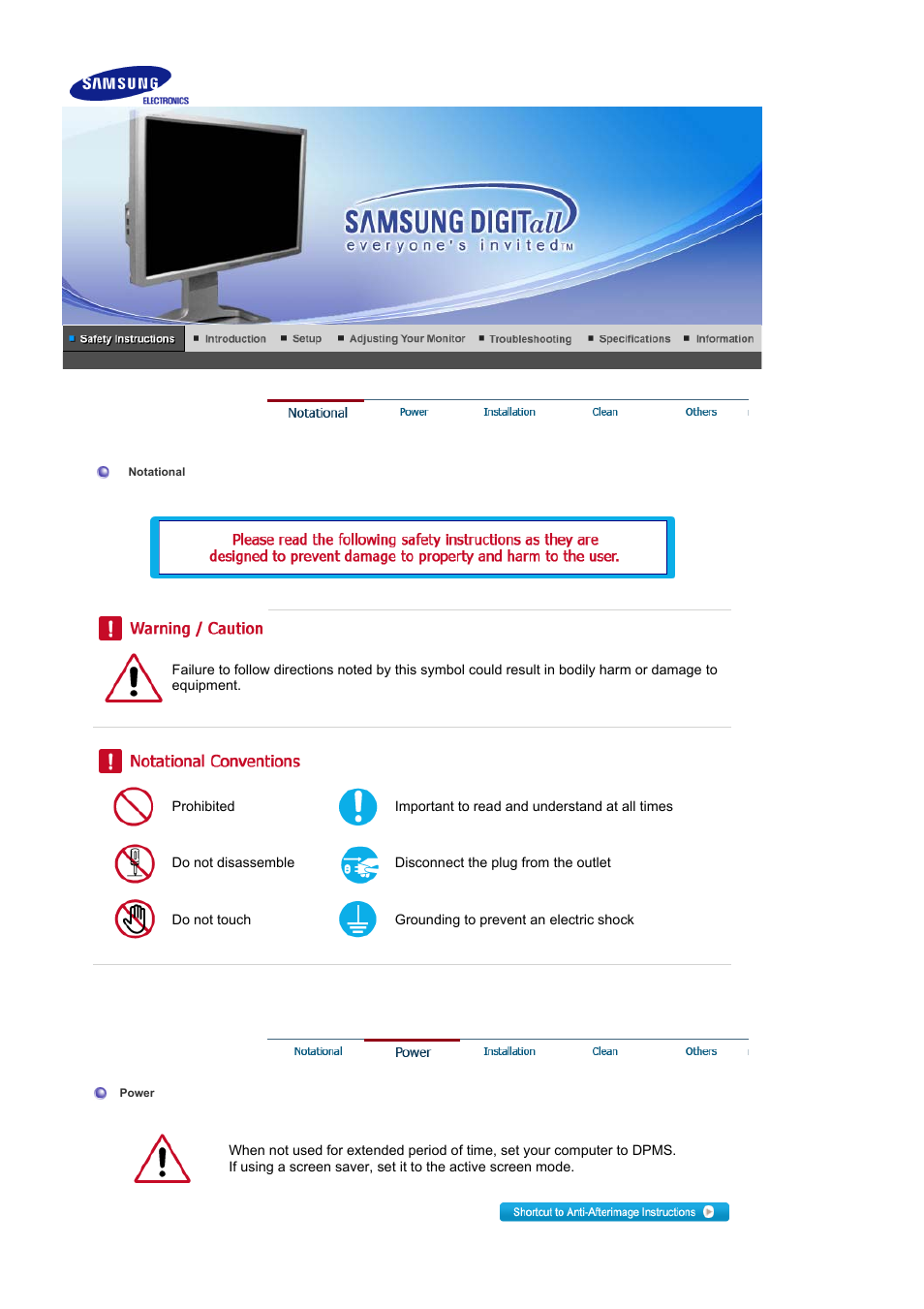 Safty instructions, Notational, Power | Samsung LS24BRBAB-XAA User Manual | Page 2 / 84