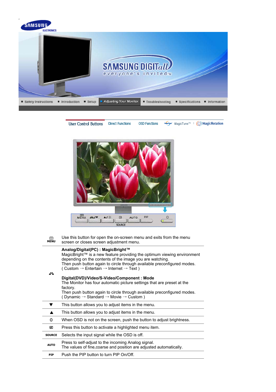 User control buttons, Direct functions | Samsung LS24BRBAB-XAA User Manual | Page 29 / 84