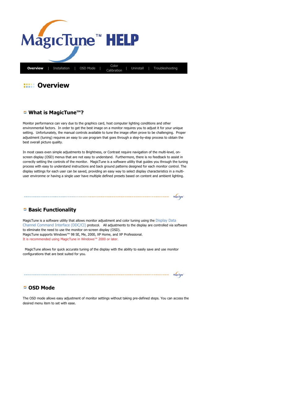 Overview, What is magictune, Basic functionality | Osd mode | Samsung LS24BRBAB-XAA User Manual | Page 42 / 84