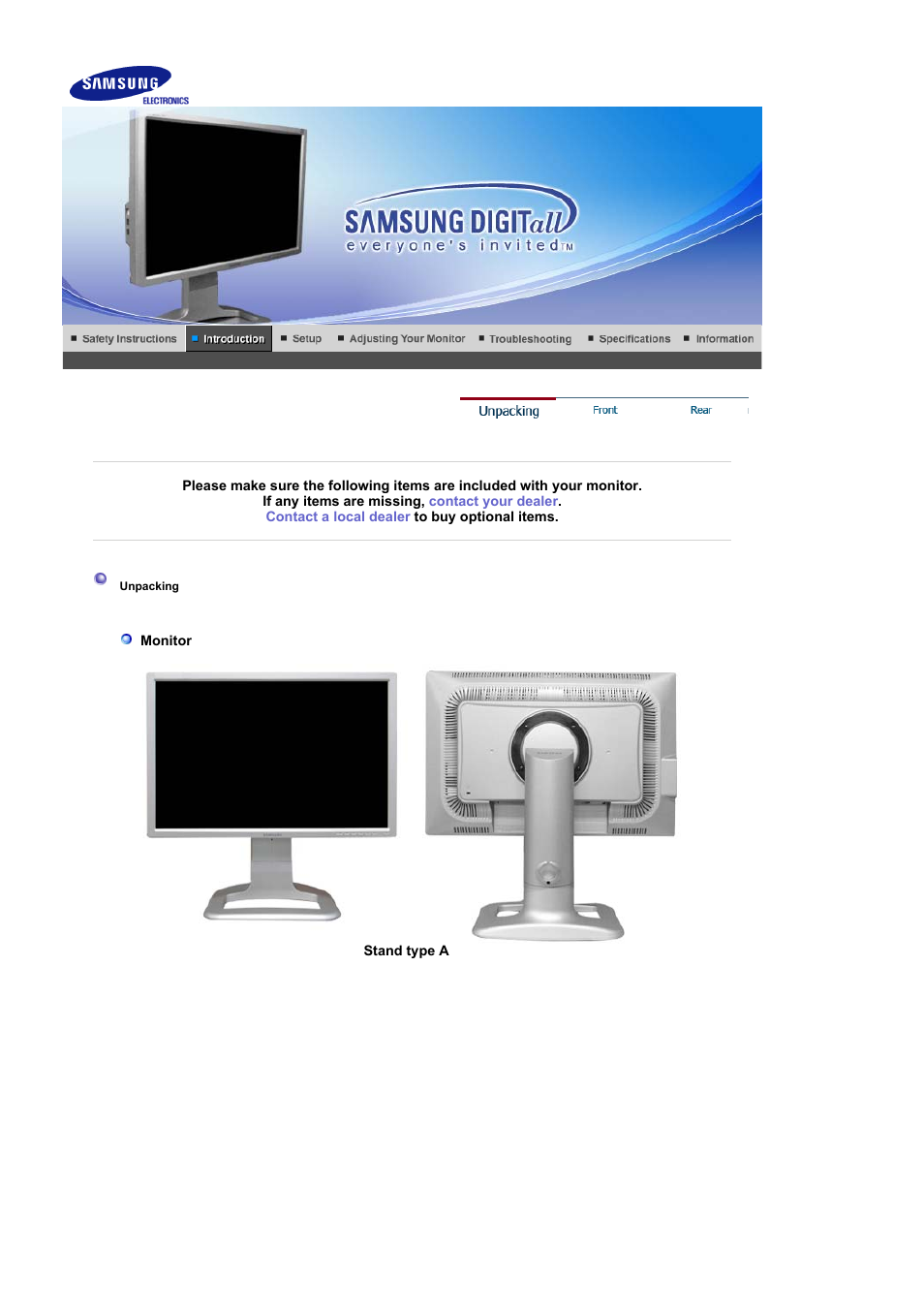 Unpacking, Front | Samsung LS24BRBAB-XAA User Manual | Page 9 / 84