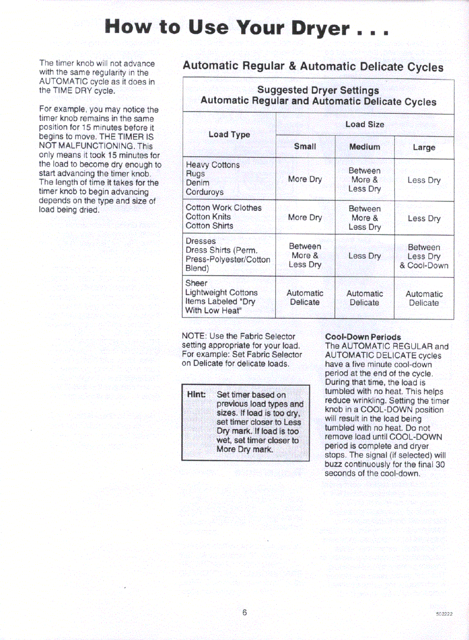 How to use your dryer, Automatic regular & automatic delicate cycles | Amana LG8459W/L2 User Manual | Page 2 / 4