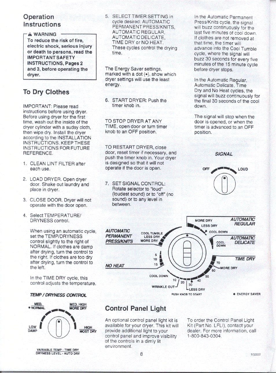 Operation, Instructions, To dry clothes | Control panel light, Operation instructions | Amana LG8459W/L2 User Manual | Page 4 / 4