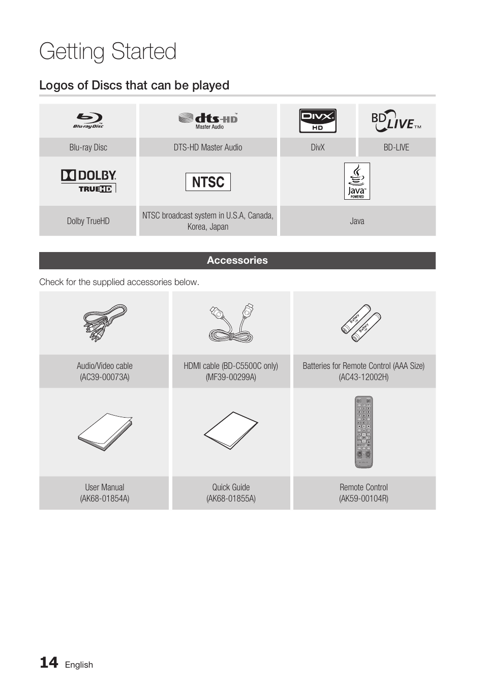 Logos of discs that can be played, Accessories, Getting started | Samsung BD-C5500C-XAA User Manual | Page 14 / 68