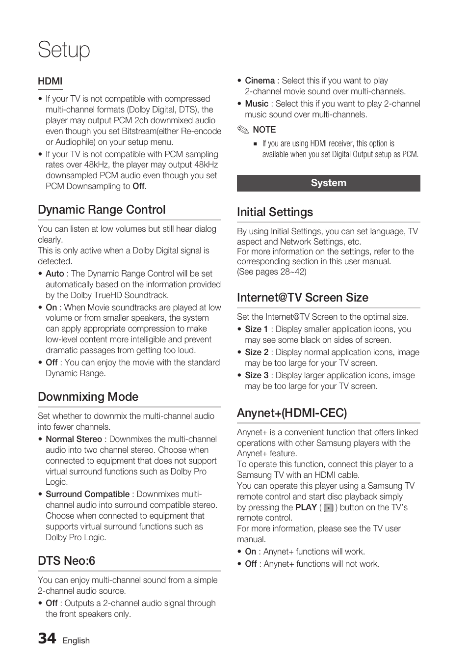 Dynamic range control, Downmixing mode, Dts neo:6 | System, Initial settings, Internet@tv screen size, Anynet+(hdmi-cec), Setup | Samsung BD-C5500C-XAA User Manual | Page 34 / 68