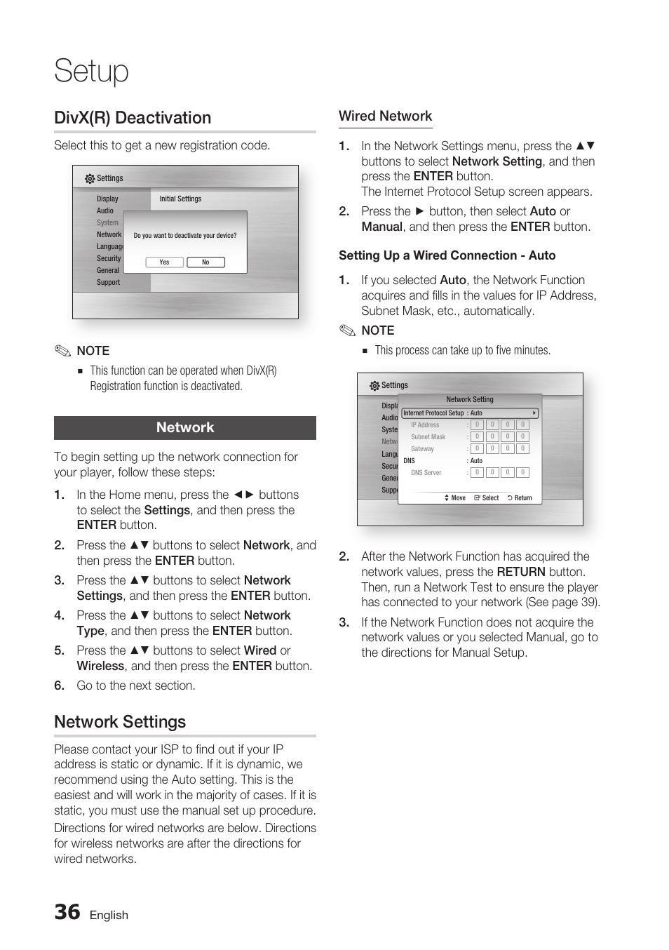 Divx(r) deactivation, Network, Network settings | Setup, Wired network | Samsung BD-C5500C-XAA User Manual | Page 36 / 68