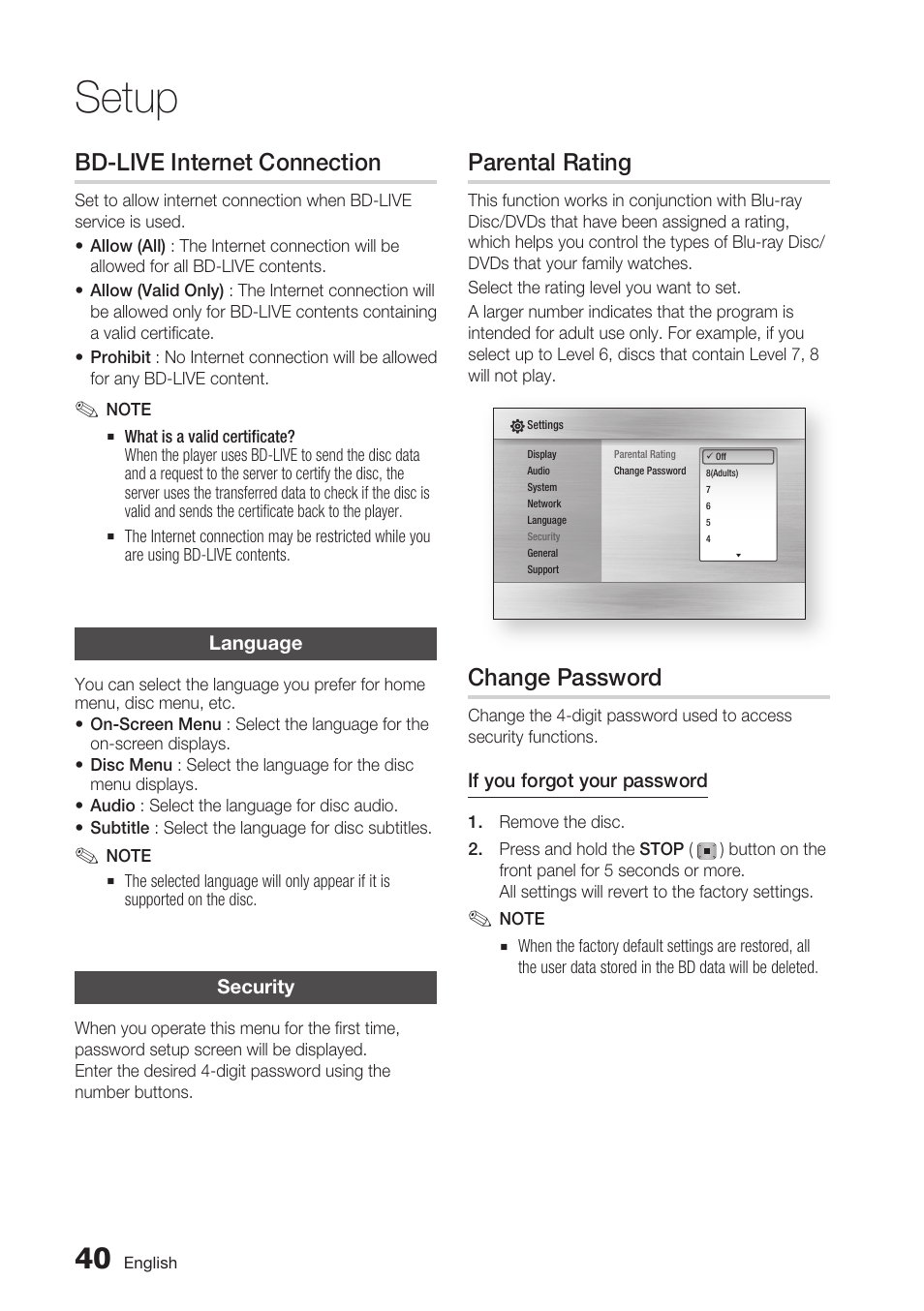 Bd-live internet connection, Language, Security | Parental rating, Change password, Setup | Samsung BD-C5500C-XAA User Manual | Page 40 / 68