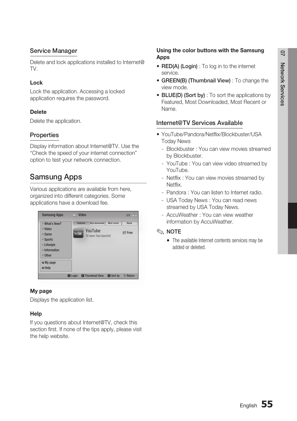 Samsung apps, Service manager, Properties | Internet@tv services available | Samsung BD-C5500C-XAA User Manual | Page 55 / 68