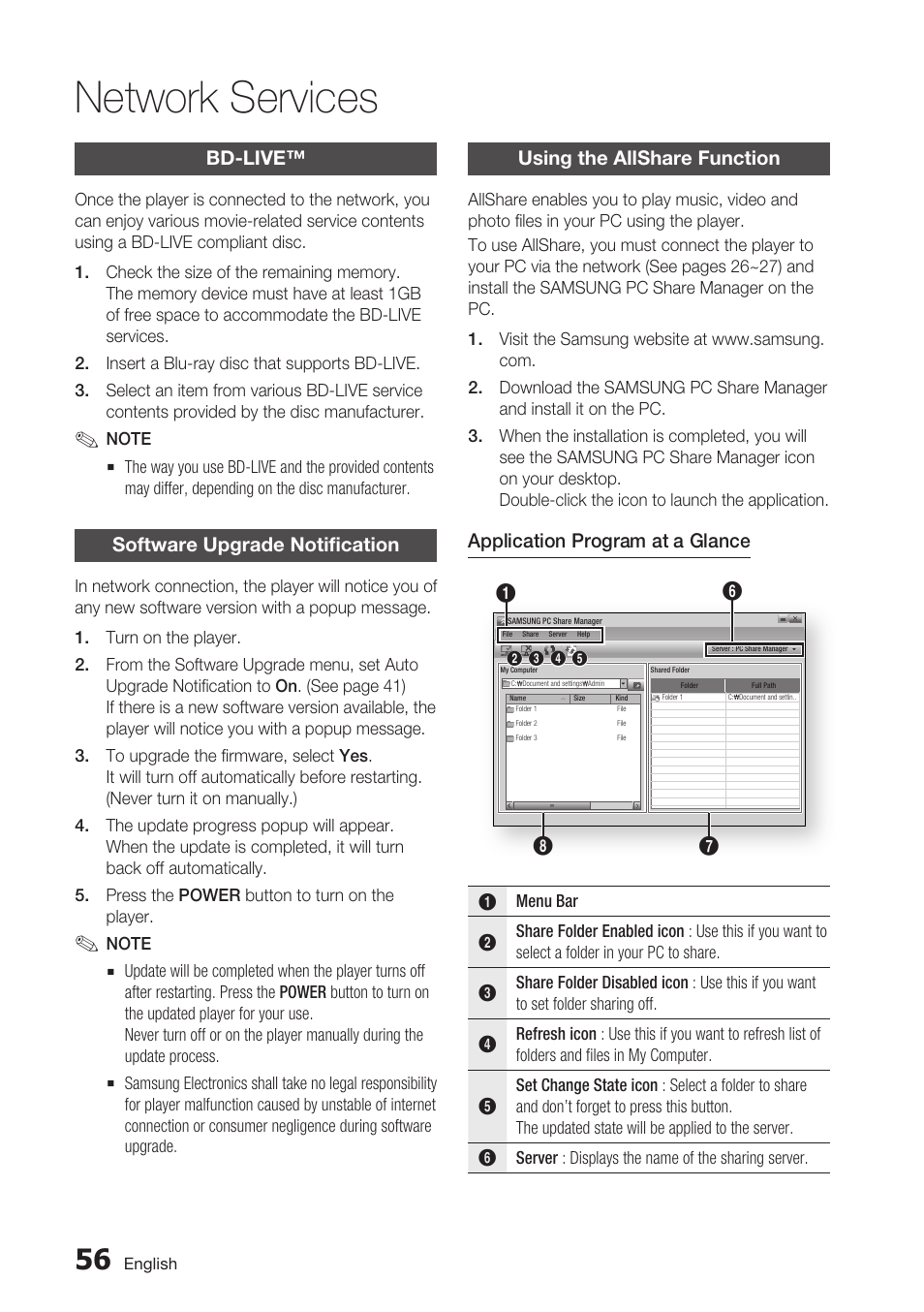 Bd-live, Software upgrade notification, Using the allshare function | Network services | Samsung BD-C5500C-XAA User Manual | Page 56 / 68