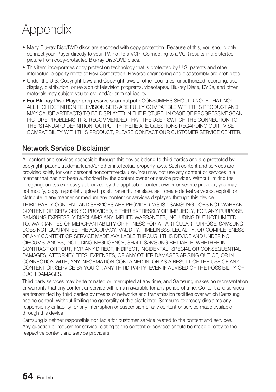 Network service disclaimer, Appendix | Samsung BD-C5500C-XAA User Manual | Page 64 / 68