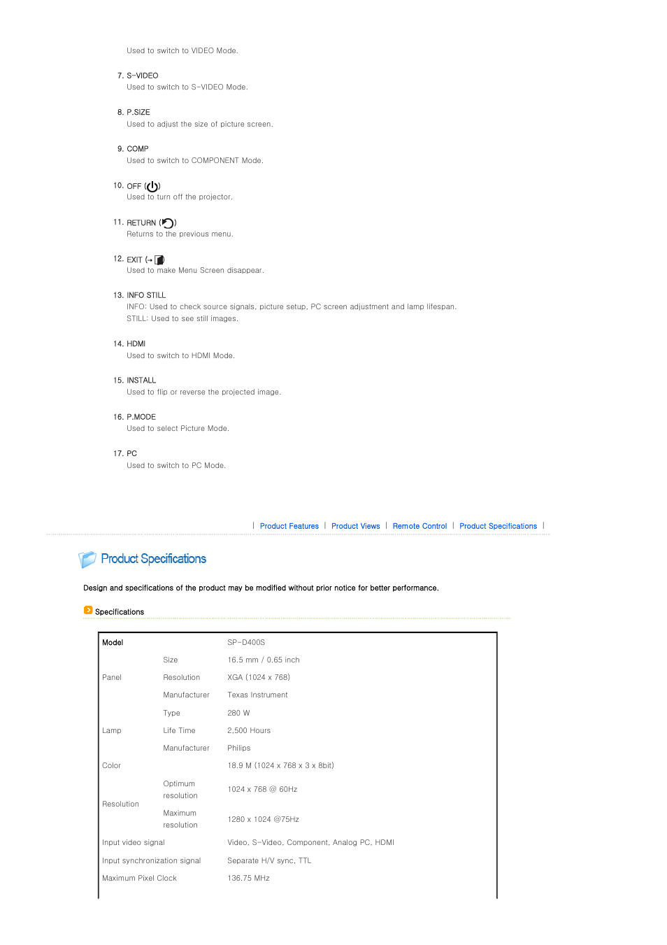 Product specifications | Samsung SPD400SX-ZA User Manual | Page 13 / 38