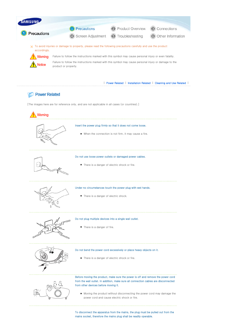 Precautions, Power related, Installation related | Samsung SPD400SX-ZA User Manual | Page 2 / 38