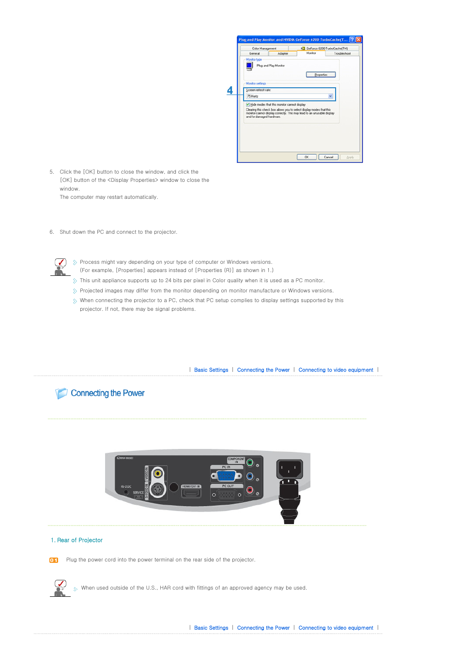 Connecting the power, Connecting to video equipment | Samsung SPD400SX-ZA User Manual | Page 20 / 38