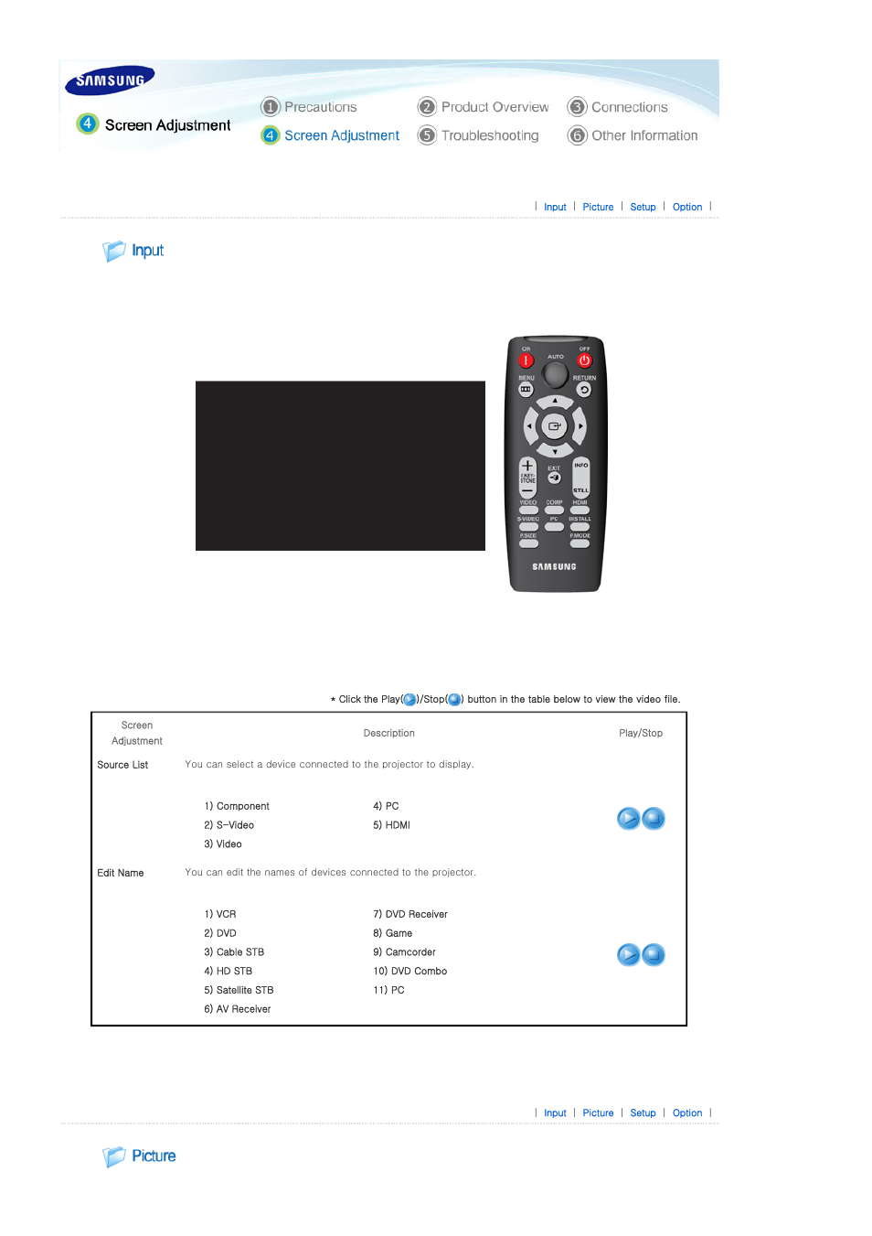 Screen adjustment, Input, Picture | Samsung SPD400SX-ZA User Manual | Page 25 / 38