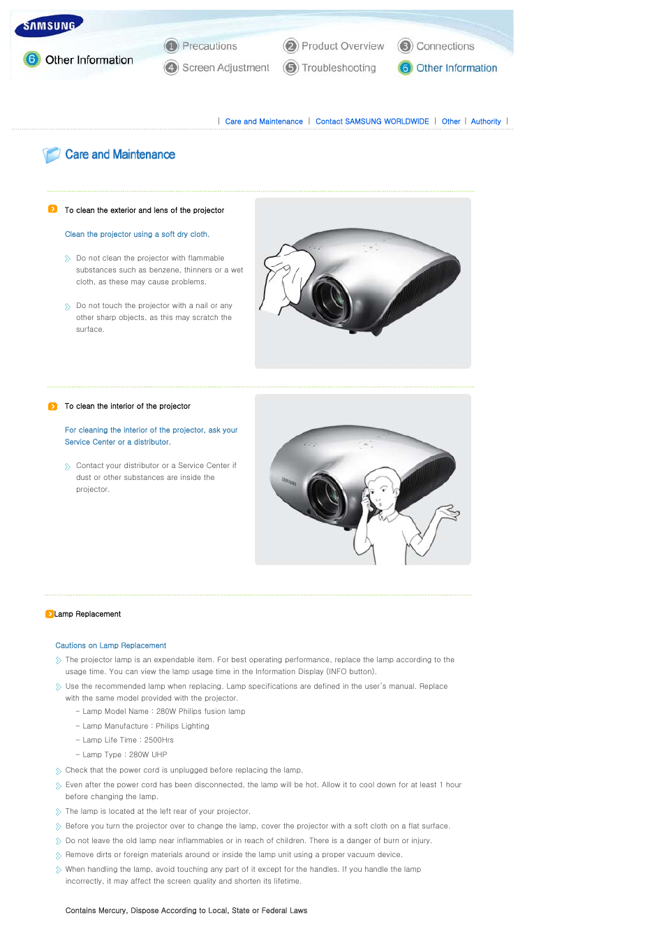 Other information, Care and maintenance | Samsung SPD400SX-ZA User Manual | Page 33 / 38