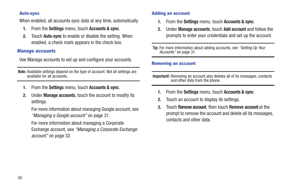 Manage accounts, Adding an account, Removing an account | Samsung SCH-R680WRAUSC User Manual | Page 100 / 141