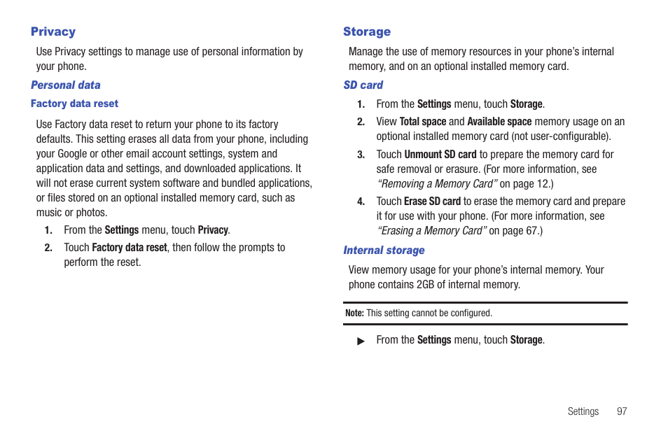 Privacy, Personal data, Factory data reset | Storage, Sd card, Internal storage, Privacy storage | Samsung SCH-R680WRAUSC User Manual | Page 101 / 141