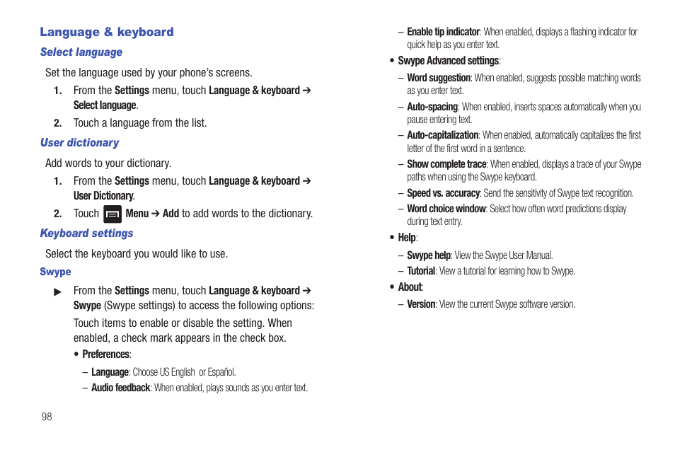 Language & keyboard, Select language, User dictionary | Keyboard settings, Swype | Samsung SCH-R680WRAUSC User Manual | Page 102 / 141