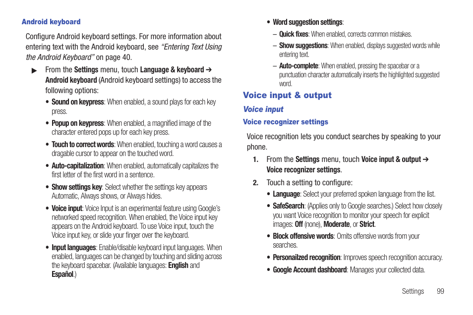 Android keyboard, Voice input & output, Voice input | Voice recognizer settings | Samsung SCH-R680WRAUSC User Manual | Page 103 / 141