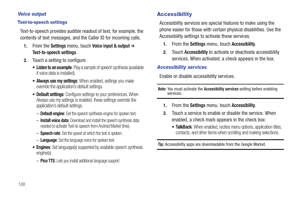 Voice output, Text-to-speech settings, Accessibility | Accessibility services | Samsung SCH-R680WRAUSC User Manual | Page 104 / 141